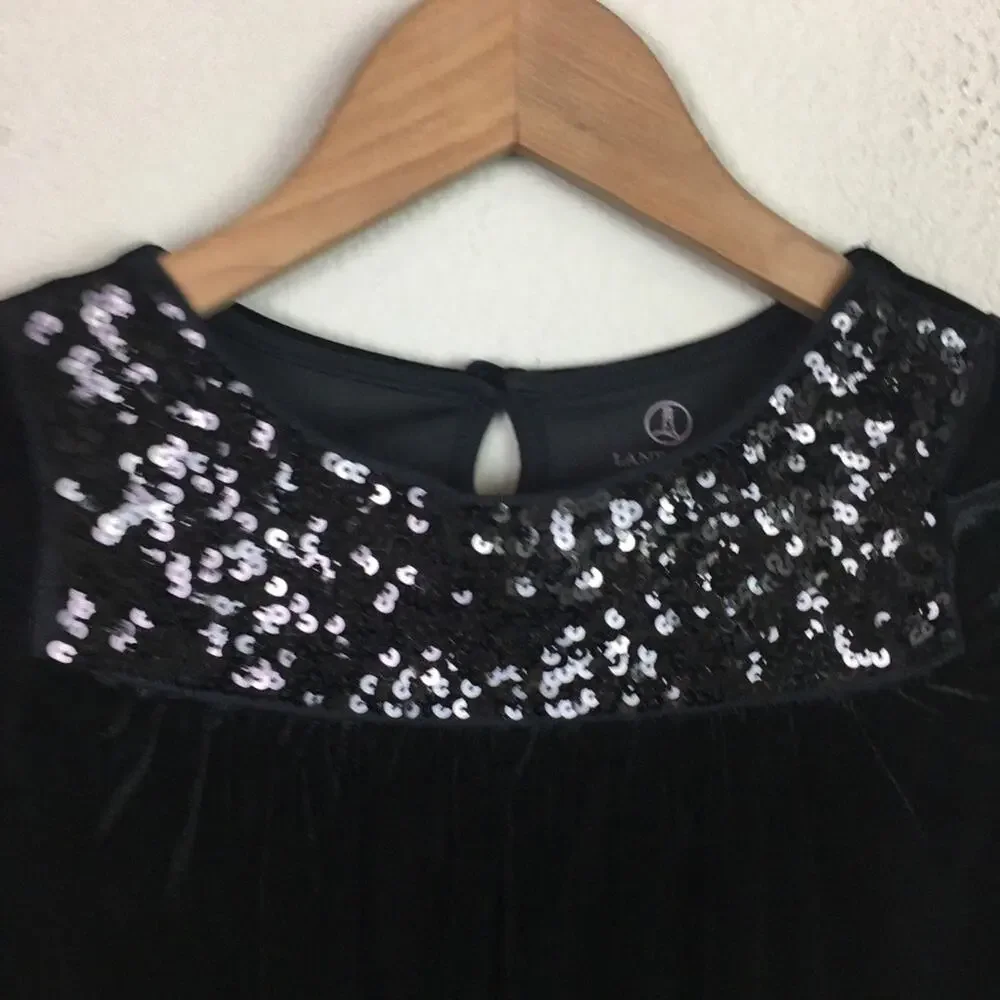 Lands' End Girls Black Velour Sequined Long Sleeve Dress 7-8